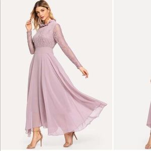 Frill Neck Lace Top Flowy Maxi Dress